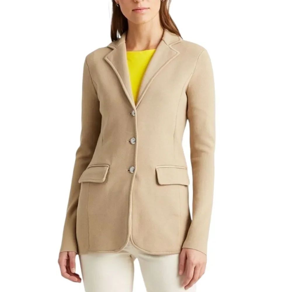 Lauren Ralph Lauren Notch Lapel Long Sleeve Cotton Blend Knit Blazer Beige Cream
